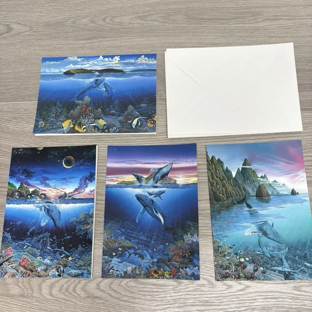 VTG Robert Lyn Nelson Ocean Whale Art 4 Cards Set Cameron Collection Frameable
